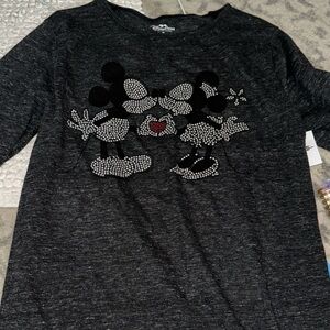 Disney Charcoal Gray Bling Minnie Mickey Kiss Love Long Sleeve-Tee women medium